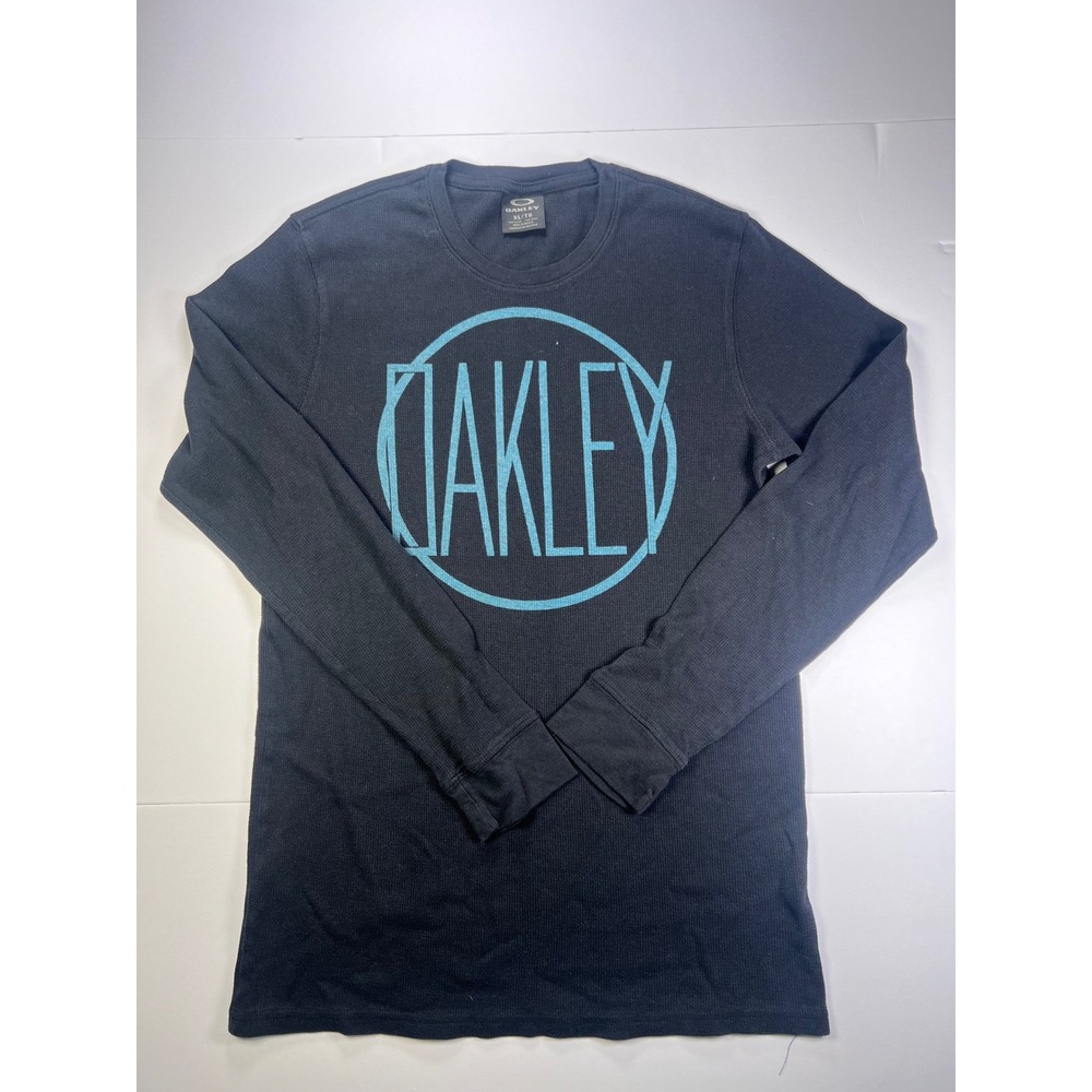 Oakley Mens XL Black Blue Graphic Waffle Knit Long Sleeve Thermal Shirt